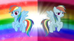 Size: 5360x3008 | Tagged: safe, artist:andoanimalia, mean rainbow dash, rainbow dash, pegasus, pony, g4, the mean 6, clone, detailed background, duo, duo female, female, flying, grin, looking at you, mare, messy mane, rainbow background, smiling, sparkles