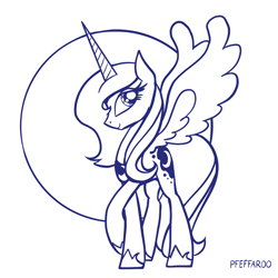 Size: 2048x2048 | Tagged: safe, artist:pfeffaroo, princess luna, alicorn, pony, g4, female, high res, hoof shoes, horn, mare, monochrome, moon, s1 luna, simple background, solo, spread wings, tail, white background, wings