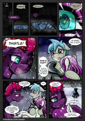 Size: 2480x3508 | Tagged: safe, artist:dsana, fizzlepop berrytwist, tempest shadow, oc, oc:fireweed, oc:thistledown, earth pony, pony, unicorn, comic:a storm's lullaby, g4, broken horn, comic, crying, female, high res, horn, male, one eye closed, open mouth, snow