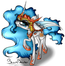 Size: 2817x2826 | Tagged: safe, artist:beamybutt, daybreaker, oc, oc only, oc:moonbeam, alicorn, pony, g4, alicorn oc, clothes, cosplay, costume, ear fluff, eyelashes, female, grin, high res, hoof shoes, horn, mare, peytral, simple background, smiling, solo, transparent background, wings
