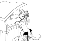 Size: 3200x2200 | Tagged: safe, artist:miioko, oc, oc only, pony, unicorn, eyes closed, flower, flower in hair, high res, horn, lineart, monochrome, musical instrument, piano, simple background, sitting, solo, unicorn oc, white background