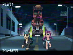 Size: 1952x1483 | Tagged: safe, artist:scarletdex8299, brisk bronco, hitch trailblazer, sunny starscout, earth pony, pony, robot, robot pony, g5, my little pony: a new generation, 80s, clothes, jacket, kyle reese, leather jacket, night, parody, running, sarah connor, sprouticus maximus, terminator, vhs