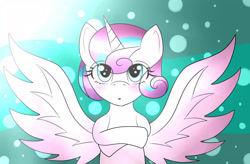 Size: 3028x1981 | Tagged: safe, artist:lucky-em, princess flurry heart, alicorn, pony, g4, abstract background, blushing, bust, eyelashes, female, horn, mare, solo, spread wings, wings