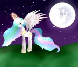 Size: 2647x2265 | Tagged: safe, artist:lucky-em, princess celestia, alicorn, pony, g4, bust, ethereal mane, female, full moon, glowing, glowing horn, high res, hoof shoes, horn, mare, mare in the moon, moon, outdoors, peytral, solo, starry mane, wings