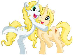 Size: 2820x2127 | Tagged: safe, artist:de-juanchi, oc, oc only, pony, unicorn, :d, bipedal, duo, duo female, female, high res, horn, hug, mare, one eye closed, open mouth, open smile, simple background, smiling, transparent background, unicorn oc, wink