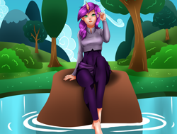 Size: 2820x2127 | Tagged: safe, artist:de-juanchi, oc, oc only, human, barefoot, clothes, feet, female, high res, horn, horned humanization, humanized, outdoors, pants, pond, solo, tree