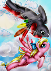 Size: 1028x1434 | Tagged: safe, artist:de-juanchi, oc, oc only, oc:bay breeze, pegasus, pony, bow, cloud, colored wings, duo, eyelashes, female, flying, grin, hair bow, male, mare, multicolored wings, outdoors, pegasus oc, rainbow wings, smiling, stallion, tail, tail bow, wings