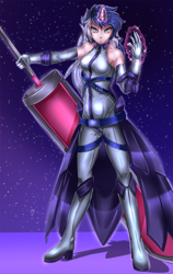 Size: 808x1275 | Tagged: safe, artist:de-juanchi, oc, oc only, human, cape, clothes, female, gloves, glowing, glowing hands, glowing horn, horn, horned humanization, humanized, latex, latex boots, latex gloves, night, solo, stars, sword, weapon