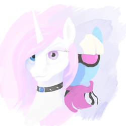 Size: 1700x1700 | Tagged: safe, anonymous artist, fleur-de-lis, photo finish, earth pony, pony, siren, unicorn, fanfic:j'adore, g4, bust, collar, fanfic art, gem, gradient background, heterochromia, jewelry, looking at you, ponybooru import, portrait, sapphire, spiked collar