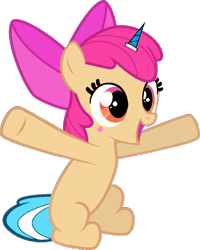 Size: 720x901 | Tagged: safe, artist:pagiepoppie12345, apple bloom, earth pony, pony, g4, adorabloom, blush sticker, blushing, bow, cute, female, filly, hair bow, horn, simple background, smiling, transparent background, unikitty!, vector