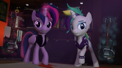 Size: 1920x1080 | Tagged: safe, artist:midnightdanny, rarity, twilight sparkle, alicorn, pony, unicorn, g4, 3d, alternate hairstyle, bracelet, clothes, electric guitar, guitar, heavy metal, jacket, jewelry, leather jacket, metallica, musical instrument, punk, punklight sparkle, raripunk, source filmmaker, twilight sparkle (alicorn)