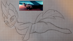 Size: 1542x864 | Tagged: safe, artist:firestarter, tempest shadow, human, pony, unicorn, g4, adult blank flank, blank flank, blank flank tempest, broken horn, edge of tomorrow, emily blunt, graph paper, horn, inktober, inktober 2021, irl, irl human, looking at you, photo, push-ups, reference, rita vrataski, sweat, traditional art, voice actor joke