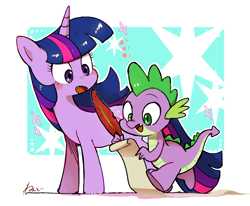 Size: 1580x1304 | Tagged: safe, artist:fuyugi, spike, twilight sparkle, dragon, pony, unicorn, g4, abstract background, blushing, cute, female, horn, male, mare, open mouth, quill, scroll, signature, spikabetes, twiabetes, unicorn twilight