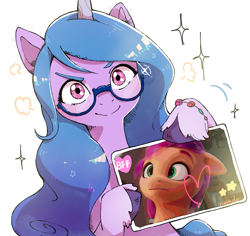 Size: 1427x1346 | Tagged: safe, artist:fuyugi, izzy moonbow, sunny starscout, earth pony, pony, unicorn, g5, my little pony: a new generation, bff, bracelet, duo, female, glasses, heart, hoof hold, jewelry, looking at you, mare, photo, smiling