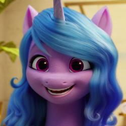 Size: 670x670 | Tagged: safe, screencap, izzy moonbow, pony, unicorn, g5, my little pony: a new generation, spoiler:my little pony: a new generation, blue mane, bust, cropped, eyebrows, female, horn, mare, open mouth, open smile, portrait, purple eyes, smiling, solo
