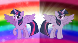 Size: 5360x3008 | Tagged: safe, artist:andoanimalia, mean twilight sparkle, twilight sparkle, alicorn, pony, g4, the mean 6, clone, detailed background, duo, duo female, female, looking at you, mare, messy mane, rainbow background, sparkles, spread wings, twilight sparkle (alicorn), wings