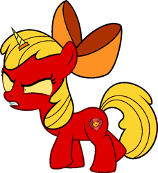 Size: 720x791 | Tagged: safe, artist:pagiepoppie12345, apple bloom, earth pony, pony, g4, angry, apple bloom's bow, bow, cutie mark, female, filly, gritted teeth, hair bow, horn, sharp teeth, shrunken pupils, simple background, solo, tail, teeth, the cmc's cutie marks, transparent background, unikitty!, vector, yellow mane, yellow tail