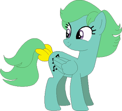 Size: 416x379 | Tagged: safe, artist:selenaede, artist:victorfazbear, medley, pegasus, pony, g1, g4, base used, bow, female, folded wings, g1 to g4, generation leap, green mane, green tail, looking back, mare, purple eyes, simple background, smiling, standing, tail, tail bow, transparent background, wings