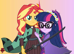 Size: 1747x1280 | Tagged: safe, artist:jcpreactyt, sci-twi, sunset shimmer, twilight sparkle, equestria girls, g4, belt, clothes, cosplay, costume, demon slayer, female, flower, glasses, hair, history of incel virgin, hug, lesbian, protecting, ship:sci-twishimmer, ship:sunsetsparkle, shipping, shirt, skirt, sword, weapon