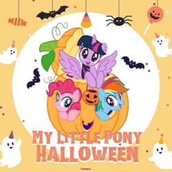 Size: 1080x1080 | Tagged: safe, artist:mylittleponyjpn, part of a set, pinkie pie, rainbow dash, twilight sparkle, alicorn, bat, earth pony, pegasus, pony, spider, g4, official, female, halloween, holiday, jack-o-lantern, pumpkin, trio, trio female, twilight sparkle (alicorn)