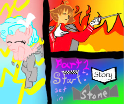Size: 1280x1073 | Tagged: safe, artist:yonderj, cozy glow, human, pegasus, g4, 1000 hours in ms paint, ace attorney, closed mouth, fire, lighting bolt, pointing, sebastian debeste, title card
