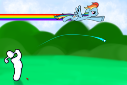 Size: 1748x1181 | Tagged: safe, artist:thread8, rainbow dash, pegasus, pony, g4, blurry background, female, floppy ears, flying, golf, golf blitz, mare, multicolored hair, multicolored mane, multicolored tail, outdoors, rainbow hair, rainbow tail, rainbow trail, smiling, sports, spread wings, stick figure, tail, wings