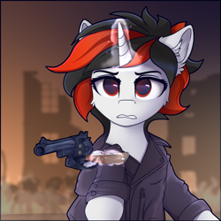 Size: 2500x2500 | Tagged: safe, artist:lakunae, oc, oc:blackjack, fallout equestria, fallout equestria: project horizons, crossover, dirty harry, eyelashes, fanfic art, female, gun, handgun, high res, magic, mare, pistol, red eyes, solo, telekinesis, weapon