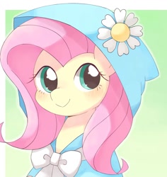 Size: 1402x1487 | Tagged: safe, artist:ginmaruxx, fluttershy, pegasus, pony, g4, secret of my excess, blushing, bust, cape, cloak, clothes, cute, daisy (flower), female, flower, hood, hooded cape, looking at you, mare, portrait, shyabetes, smiling, solo, taffeta cape, three quarter view