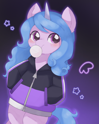 Size: 1678x2083 | Tagged: safe, artist:ginmaruxx, izzy moonbow, pony, unicorn, g5, my little pony: a new generation, bipedal, blushing, bubblegum, clothes, cute, food, gum, hoodie, hooves in pockets, izzybetes, simple background, solo