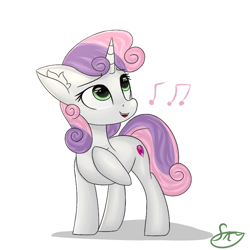 Size: 1000x1000 | Tagged: safe, artist:skylairo, derpibooru exclusive, sweetie belle, pony, unicorn, g4, cute, cutie mark, diasweetes, ear fluff, female, filly, hair, hoof on chest, horn, music notes, note, open mouth, simple background, singing, solo, tail, watermark, white background