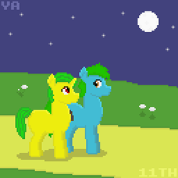 Size: 512x512 | Tagged: safe, artist:valuable ashes, oc, oc:technical writings, oc:valuable ashes, earth pony, pony, unicorn, blank flank, duo, happy birthday mlp:fim, mlp fim's eleventh anniversary, moon, pixel art, stars, story included