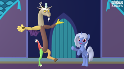 Size: 3413x1920 | Tagged: safe, artist:gradiusfanatic, discord, oc, oc:discord, draconequus, pony, unicorn, g4, 3d, discord (program), duo, female, high res, horn, male, mare, namesake, ponified, pun, rearing, rule 85, signature, source filmmaker, unicorn oc, visual pun