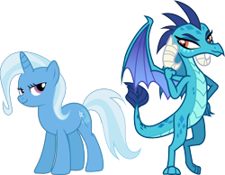 Size: 2550x1983 | Tagged: safe, artist:davidsfire, artist:uxyd, edit, princess ember, trixie, dragon, pony, unicorn, g4, blue, dragon wings, duo, duo female, female, high res, horn, lidded eyes, mare, purple eyes, simple background, smiling, smirk, smug, spread wings, standing, tail, transparent background, two toned mane, two toned tail, vector, wings