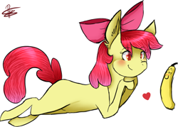 Size: 920x658 | Tagged: safe, artist:pinkiepiestyle, apple bloom, earth pony, pony, g4, banana, bananabloom, blushing, female, filly, food, heart, solo