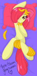 Size: 426x875 | Tagged: safe, artist:sweetbunny, apple bloom, earth pony, pony, g4, banana, bananabloom, bed, female, filly, food, herbivore, looking at you, pillow