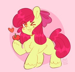 Size: 1324x1269 | Tagged: safe, artist:nullkunst, apple bloom, earth pony, pony, g4, apple, female, filly, food, heart, one eye closed, solo, wink