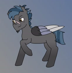 Size: 2485x2527 | Tagged: safe, artist:grimvale1, oc, oc only, oc:shrapnel (gearslavehorse), pegasus, pony, eye scar, eyebrows, facial hair, folded wings, goatee, gradient background, high res, male, raised hoof, scar, smiling, smirk, solo, stallion, torn ear, wings