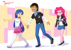 Size: 6884x4865 | Tagged: safe, artist:jeglegator, flash sentry, pinkie pie, oc, oc:copper plume, oc:felicity sentry, equestria girls, g4, blushing, canon x oc, clothes, clothes swap, commissioner:shortskirtsandexplosions, copperpie, crossdressing, denim skirt, female, femboy, glasses, group, hairband, holding hands, implied bisexuality, male, miniskirt, neckerchief, pantyhose, pinkie pie's superior outfit, purse, shipping, shopping, skirt, straight