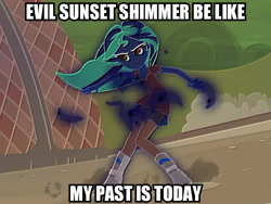 Size: 835x628 | Tagged: safe, edit, edited screencap, screencap, sunset shimmer, equestria girls, g4, my past is not today, caption, evil character be like, image macro, inverted colors, meme, text