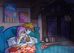 Size: 3500x2500 | Tagged: safe, artist:lionbun, fluttershy, oc, oc:lucky charm, human, equestria girls, g4, bed, bedroom, canon x oc, clothes, commission, couple, cuddling, cuddling in bed, evening, female, flower, fluttershy's cottage, high res, humanized, in bed, male, straight