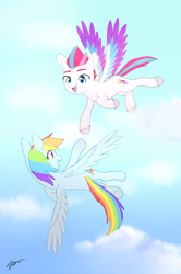 Size: 930x1400 | Tagged: safe, artist:sion, rainbow dash, zipp storm, pegasus, pony, g4, g5, my little pony: a new generation, cloud, duo, female, flying, g4 to g5, mare, open mouth, ponytober, sky, zipp and her heroine