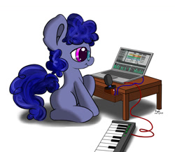 Size: 1500x1300 | Tagged: safe, artist:hisp, oc, oc only, oc:saangosu, pony, computer, daw, glasses, keyboard, laptop computer, microphone, midi, simple background, solo, table, white background