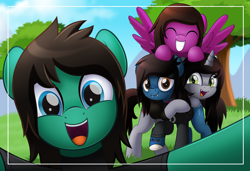 Size: 5000x3425 | Tagged: safe, artist:jhayarr23, earth pony, pegasus, pony, unicorn, bone, bring me the horizon, clothes, commission, disguise, disguised siren, eyes closed, fangs, grin, group, happy, horn, hug, kellin quinn, lip piercing, looking at you, male, nose piercing, oliver sykes, open mouth, outdoors, photography, pierce the veil, piercing, ponified, raised hoof, scar, selfie, shirt, sleeping with sirens, slit pupils, smiling, spread wings, stallion, stitches, t-shirt, tattoo, tom sykes, tree, vic fuentes, wings