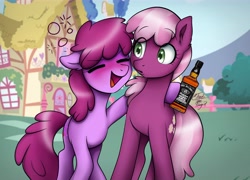 Size: 8586x6187 | Tagged: safe, artist:toastpone, berry punch, berryshine, cheerilee, earth pony, pony, g4, alcohol, blushing, bottle, drunk, duo, duo female, eyebrows, female, jack daniels, surprised, wasted