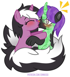Size: 906x1000 | Tagged: safe, artist:jennieoo, oc, oc:charming dazz, oc:crescent star, crystal pony, pony, skunk, skunk pony, unicorn, blushing, emanata, eyes closed, fluffy, fluffy tail, glasses, kiss on the lips, kissing, paws, show accurate, simple background, skunkified, species swap, surprise kiss, surprised, tail, tail wrap, transformation, transparent background, vector