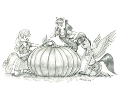 Size: 1500x1038 | Tagged: safe, artist:baron engel, apple bloom, scootaloo, sweetie belle, earth pony, pegasus, unicorn, anthro, unguligrade anthro, g4, clothes, cutie mark crusaders, grayscale, monochrome, overalls, pencil drawing, pumpkin, shorts, skirt, traditional art