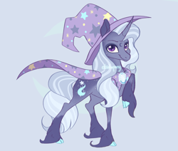 Size: 2600x2200 | Tagged: safe, artist:bishopony, trixie, pony, unicorn, g4, alternate universe, cape, clothes, cloven hooves, colored hooves, concave belly, curved horn, female, gray background, hat, high res, horn, looking at you, mare, redesign, simple background, slender, solo, thin, unshorn fetlocks