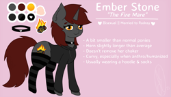 Size: 1269x722 | Tagged: safe, artist:embermare, artist:emberstoneeqf, oc, oc only, oc:ember stone, pony, unicorn, choker, clothes, collar, female, hoodie, mare, reference sheet, socks, solo