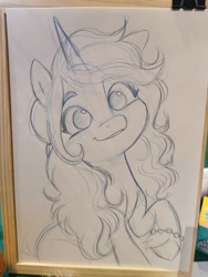 Size: 1536x2048 | Tagged: safe, artist:imalou, izzy moonbow, pony, unicorn, g5, my little pony: a new generation, female, grin, mare, raised hoof, sketch, smiling, solo, traditional art, unshorn fetlocks