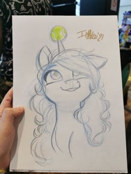 Size: 1536x2048 | Tagged: safe, artist:imalou, izzy moonbow, pony, unicorn, g5, my little pony: a new generation, ball, cute, female, grin, horn, hornball, izzy's tennis ball, izzybetes, mare, sketch, smiling, solo, tennis ball, traditional art